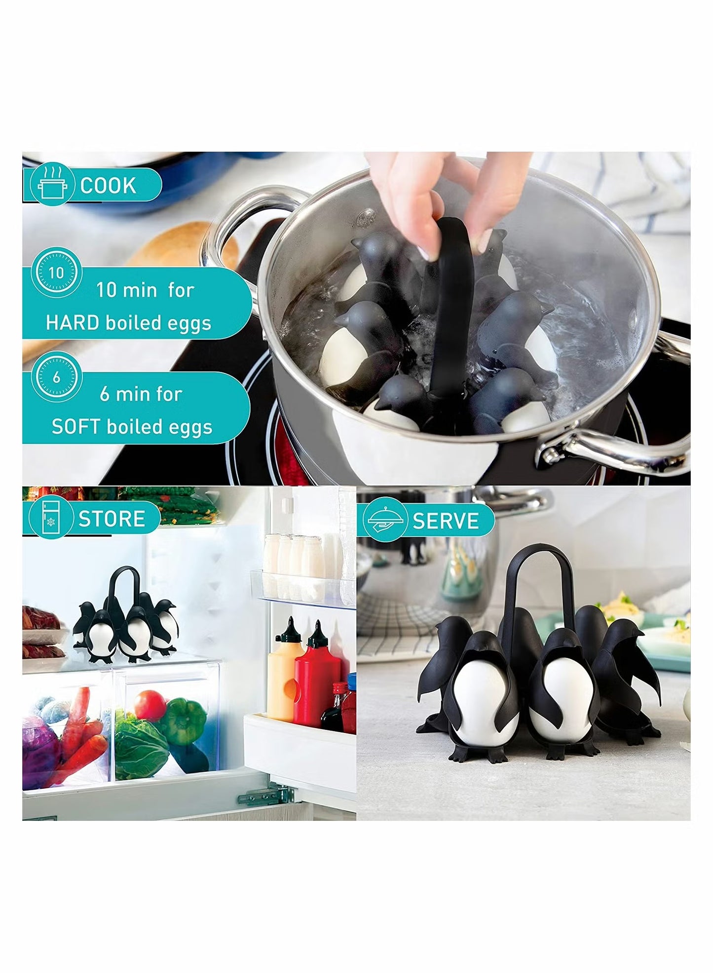 Egguins 3-in-1 Cook, Store and Serve Egg Holder, Penguin-Shaped Boiled Egg Cooker