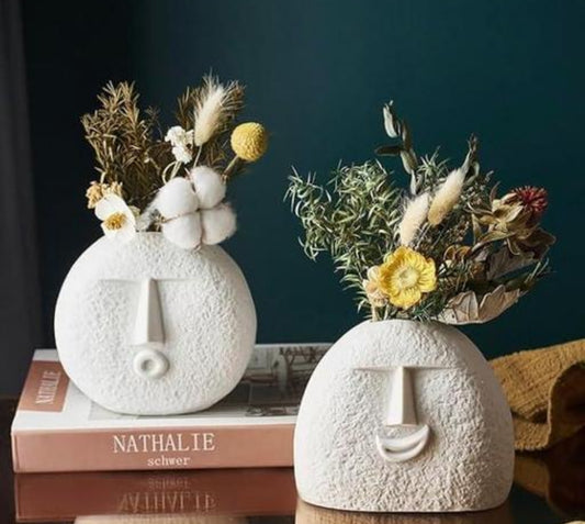 Unique Style Ceramic Flower Vase | Set of 2 | Upbeat Face Vase 5.5 inches & Blowing Kiss Face Vase 6 inches (White, Raw Finish)